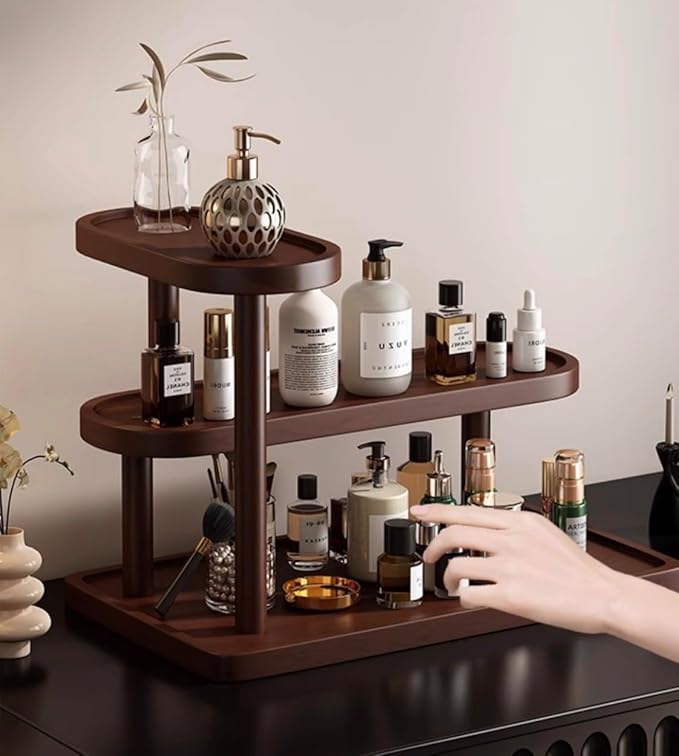 HealthEmpire 3-Tier Cosmetic Organizer Shelf for Countertop – Wooden Makeup & Skincare Storage Rack, Bathroom Vanity Display Stand for Perfume, Toiletries & Office Desk Organization (Brown)