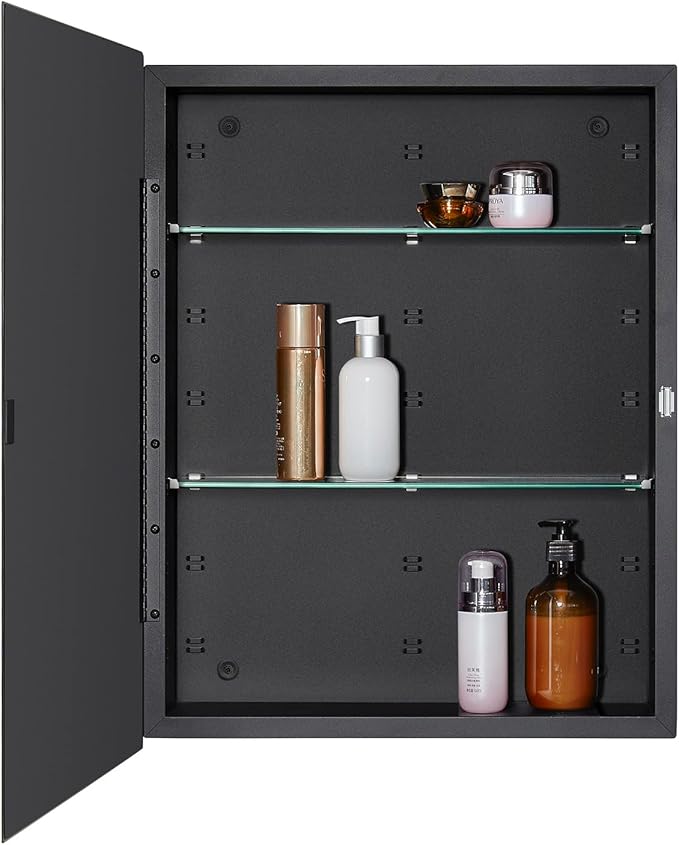 IDYLLOR Black Bathroom Medicine Cabinet with Beveled Edge Mirrored Door 20 x 26 inch, Recessed or Surface Mount, with Adjustable Glass Shelves
