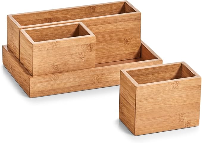 Zeller 25387 Organiser Set 4 Pieces Bamboo Approx. 28 x 17.7 x 11 cm Office Makeup Utensils Storage
