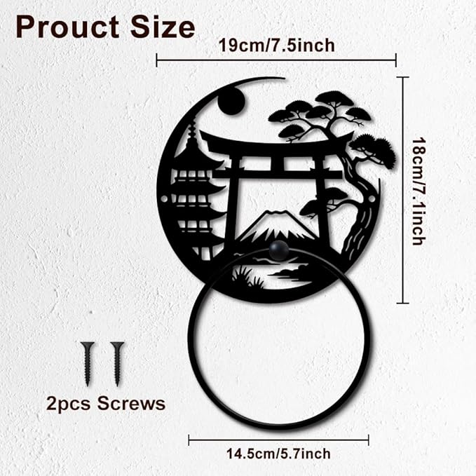 MAYJOYDIY Japanese Metal Towel Ring Round Fujisan Scenery Hand Towel Holder Torii Gate Ring Hanger Wall Mount Black Vintage Towels Wall Organizer for Kitchen Bath Home Laundry Room Decors Gifts