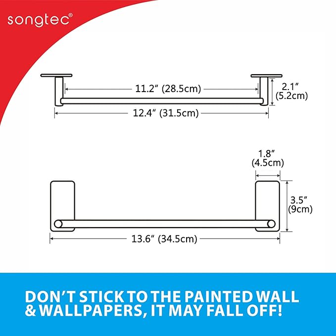 Songtec Stick Towel Bar Black 12-Inch, Adhesive Bath Towel Rack No Drill, Strong Adhesion Tape Mount Towel Holder, Stainless Steel - Black