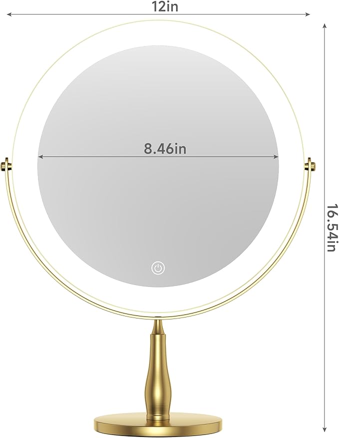 11.8" Extra Large Lighted Makeup Mirror, 1X/10X, 2-Sided Magnifying Mirror with 96 LEDs, 3 Color Dimmable Lights, 360° Swivel, LED Vanity Mirror, White - Great Gift Gold
