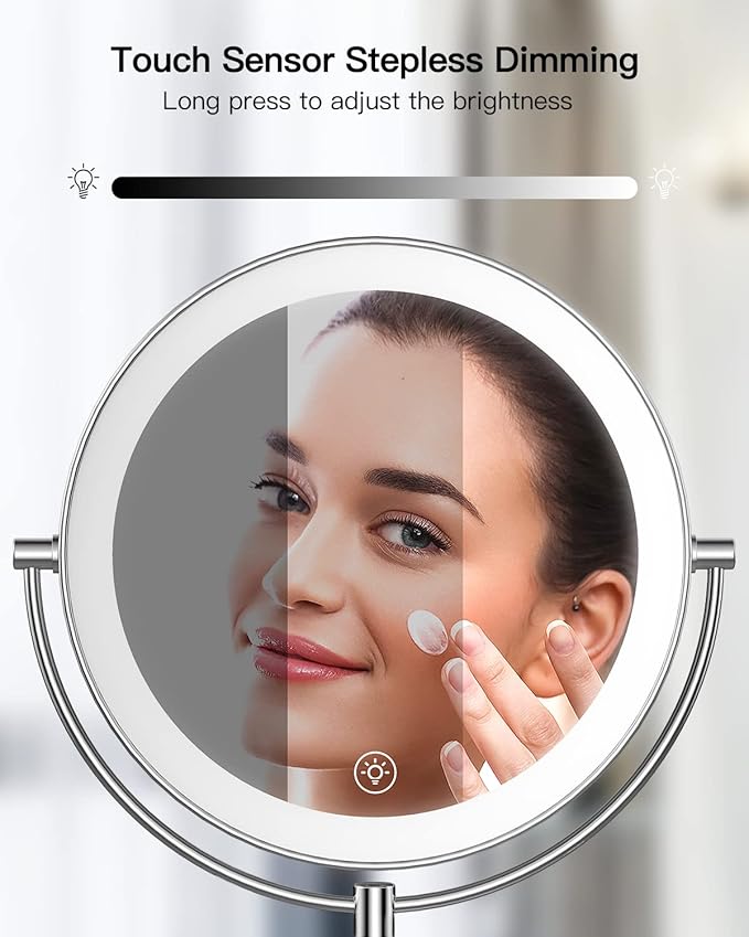 Gospire 9” Wall Mounted Lighted Magnifying Mirror, 1X/10X Magnification Double-Sided LED Bathroom Mirror, 3 Color Lights & Stepless Dimming with Touch Sensor, Extendable Arm 360° Swivel for Shaving
