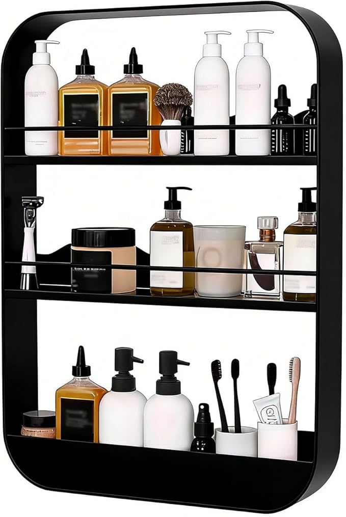 Wall Mount Organizer Floating Bathroom Shelves No Drill Adhesive Makeup Storage Rack Hang Decorative Over The Toilet Shelf(Black,40x60cm)