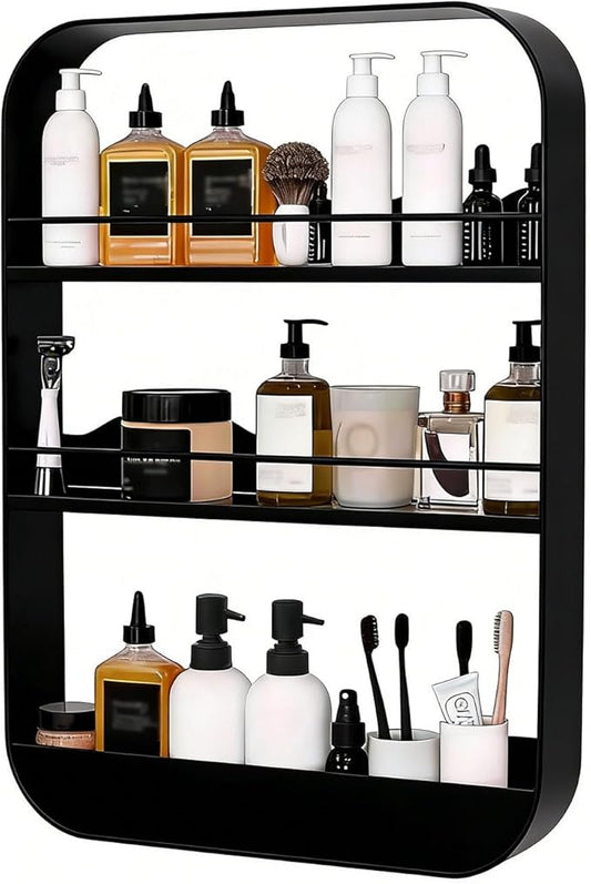 Wall Mount Organizer Floating Bathroom Shelves No Drill Adhesive Makeup Storage Rack Hang Decorative Over The Toilet Shelf(Black,40x60cm)