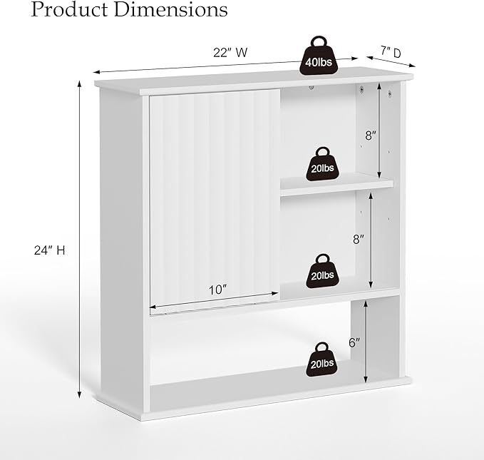 Fluted Bathroom Wall Cabinet with Sliding Door, 24" x 22" Upgraded All Painted Wood Medicine Cabinet with 3-Point Adjustable Shelf, Over Toilet Wall Mounted Cabinet Organizer for Bathroom