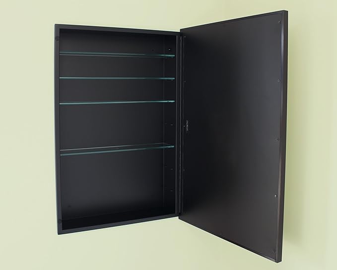 Fox Hollow Furnishings 20x30 Parker Metro Metal Framed Rectangle Recessed Bathroom Medicine Cabinet, Floating Mirror, 18x28 in-Wall Opening, Steel, Adjustable Glass Shelves, Magnet Close, Black