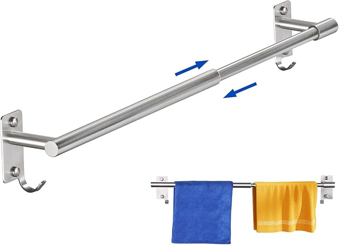 Adjustable Towel Rack for Bathroom, Stainless Steel Sturdy Towel Bar Rod (14.5”-23.6”) Wall Mount, Rustproof Towel Holder with Hanger Hook, Space-Saving Towel Rail for Bathroom Kitchen - Brushed