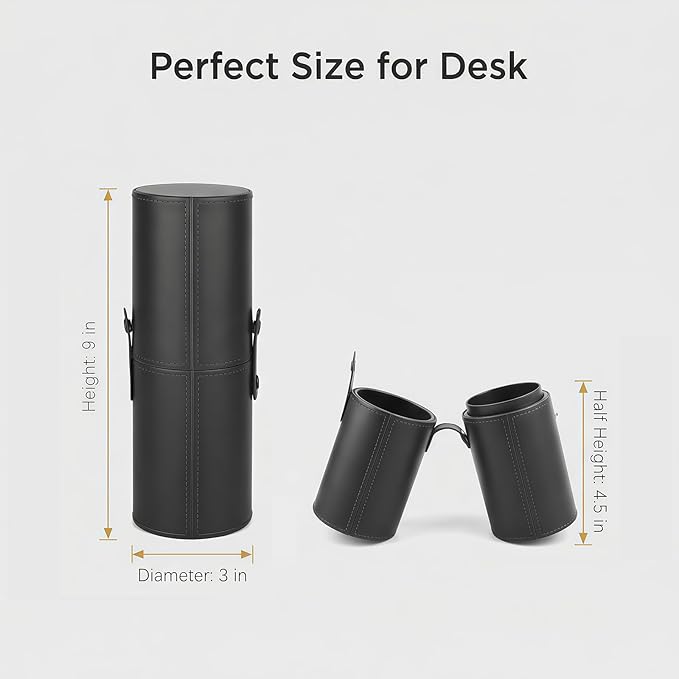 PU Leather Makeup Brush Holder Travel Makeup Brushes Case Makeup Brush Case Organizer Cosmetic Cup Cylinder Makeup Brush Storage Box with Button for Women (Black)