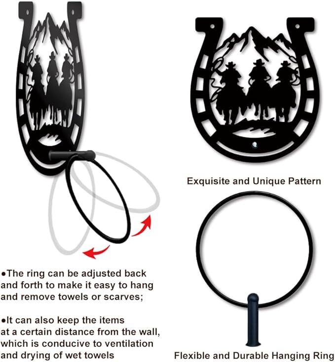 MAYJOYDIY Horseshoe Cowboy Metal Towel Ring Horse Towel Ring Black Art Towel Rack Wall Mounted Mountain Horseshoe Hand Towel Holder for Bathroom Kitchen Towel Hanger Home Decors Gift