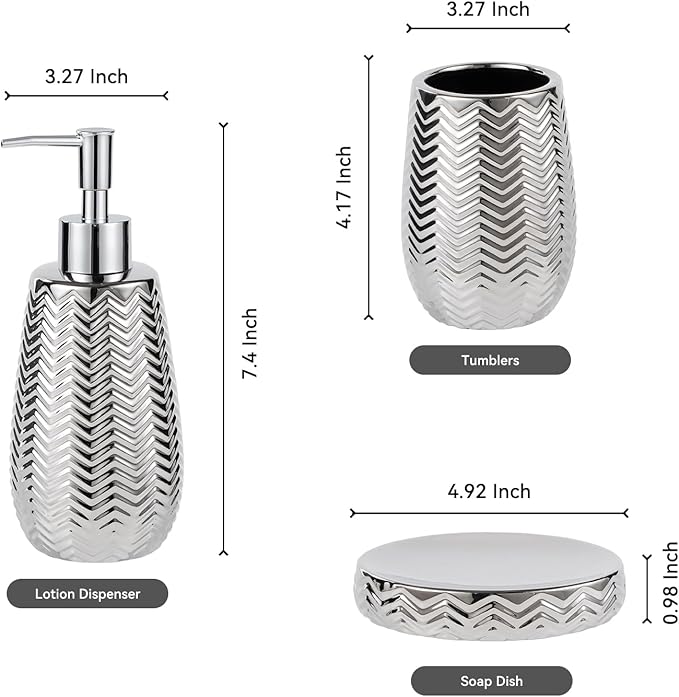 Silver Bathroom Accessories Set 3 Piece, Soap Dispenser, Toothbrush Holder and Soap Dish, Wave Design Stylish Elegant Ceramic Bathroom Decor