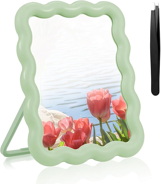 Desk Mirror, Wave-Shaped Adjustable Desk Vanity Makeup Mirror Office Cubicle with Eyebrows Tweezer, 6.7*5.3In Cute Travel Portable Folding Make Up Mirrors for Standing Hanging Home Decoration(Green)