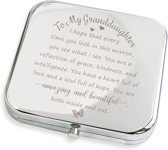 to My Granddaughter - You're Amazing and Beautiful - Pocket Mirror, Granddaughter Engraved Compact Mirror, Family First Mirror Encouragement Gifts from Grandparents Silvery