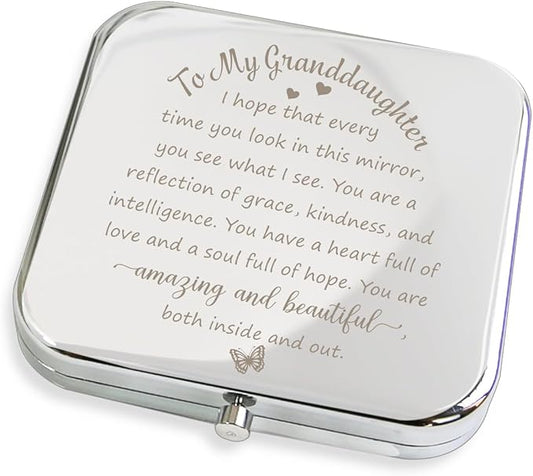 to My Granddaughter - You're Amazing and Beautiful - Pocket Mirror, Granddaughter Engraved Compact Mirror, Family First Mirror Encouragement Gifts from Grandparents Silvery