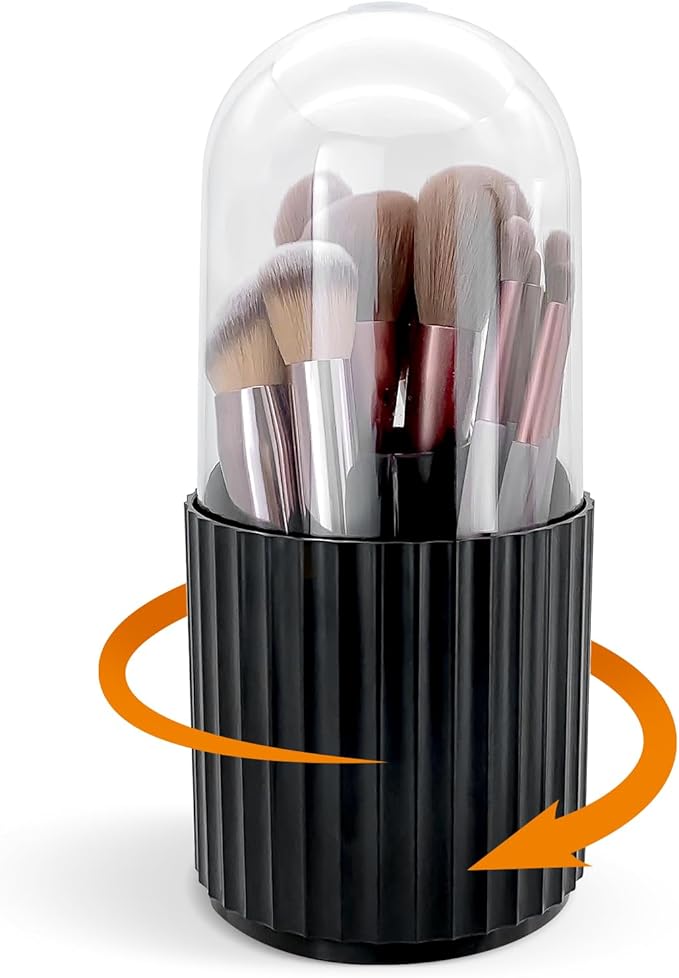 Makeup Brush Holder Organizer with Lid 360 Rotating Dustproof Storage Organizer, 5-Slot Makeup Brush Cup, Multifunctional Pen Holder for Makeup Brush Mascara or Eyeliner(Black)