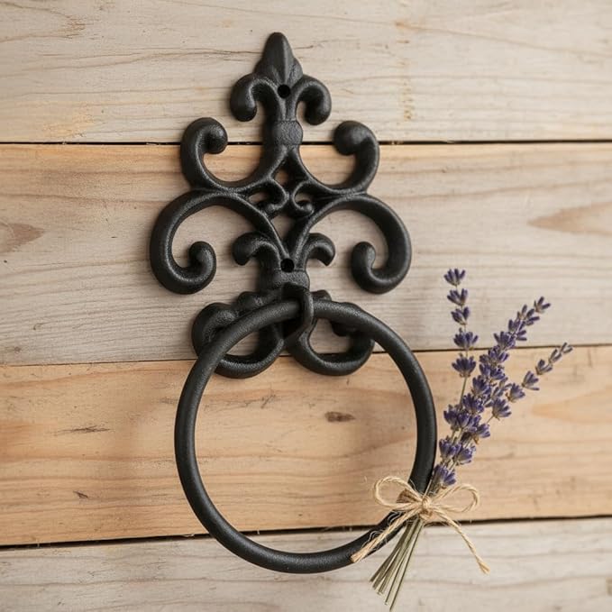 Comfy Hour Victorian Scroll Decorative Towel Ring, Heavy Duty Cast Iron Hand Towel Holder for Bathroom, Vintage Rustic Wall Mounted Metal Hanger, Aged Old Fashioned Black, 1 Unit