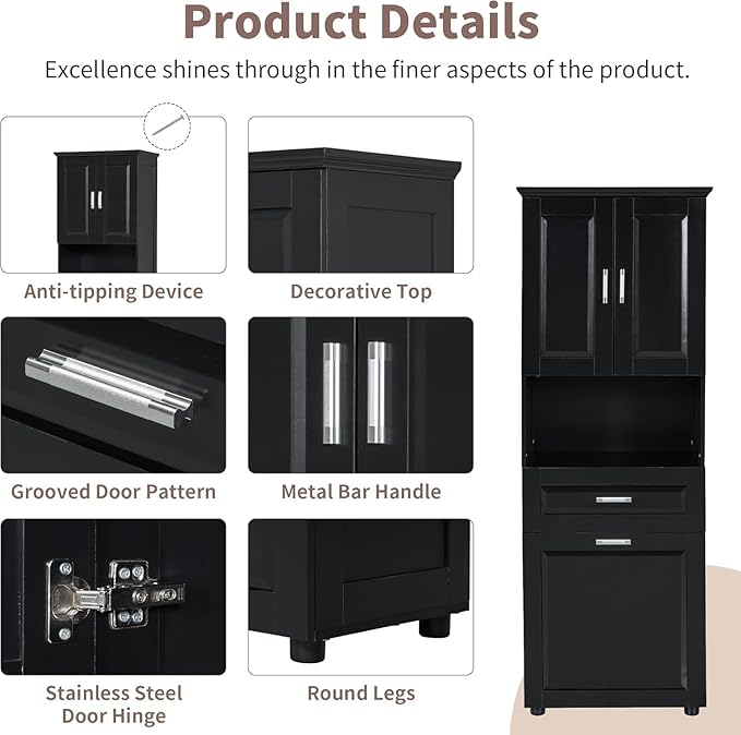 Virubi Laundry Cabinet with Tilt Out Laundry Hamper and Drawer, Wood Tall Bathroom Storage Cabinet with Doors and Adjustable Shelves, Freestanding (Black)