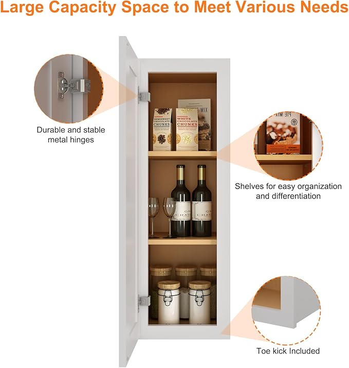 ROOMTEC (Light Gray Wood Wall Cabinet, RTA Single Door Medicine Cabinet with Adjustable Shelves and Soft-Close Door for Kitchen, Bathroom, and Laundry. 12" D*12" W*36" H