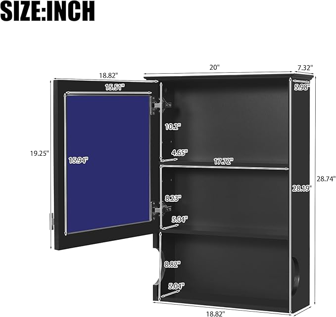 Merax Bathroom Wall Cabinet with Mirror, Wall Mounted Medicine Cabinet with Adjustable Shelves and Open Space, 20" x 28" Mirrored Door Over The Toilet Bathroom Storage Cabinet