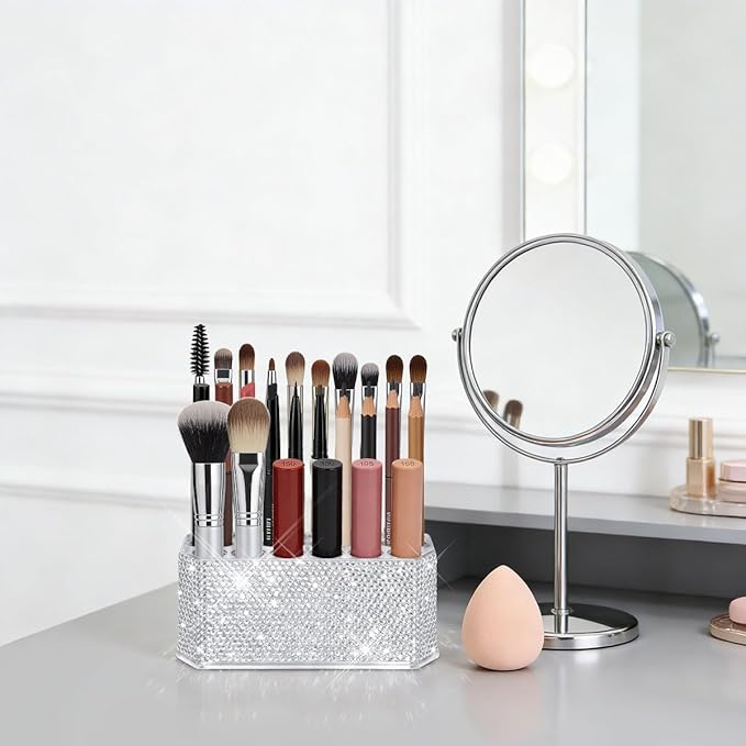 Yivaiks Bling Acrylic Makeup Eyeliner Lip Liner Holder Organizer with Glitter Rhinestone, 26 Spaces