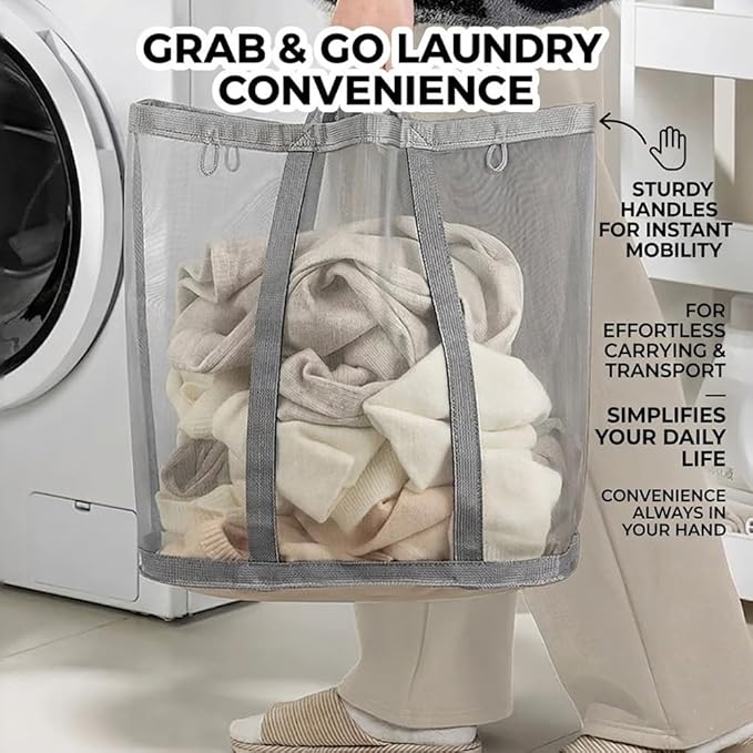 [2-Pack] Wall-Mounted Foldable Laundry Basket, 41L Collapsible Mesh Hamper (Each) with Reinforced Handles, Hanging Storage Bag for Bathroom, Dorm, Travel & Sports, Space-Saving Grey
