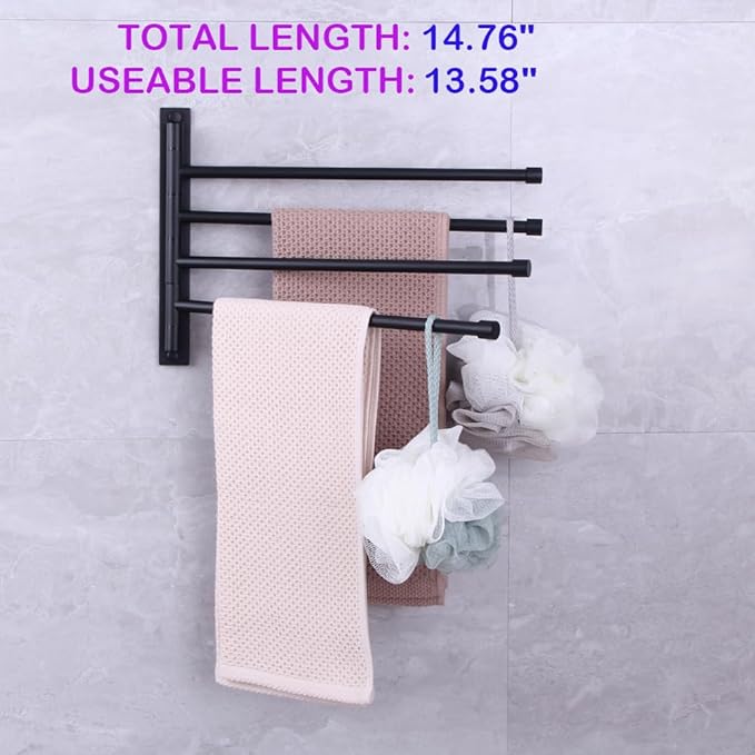 Swivel Hand Towel Bar Bathroom Swing Hanger Towel Rack Holder Matte Black Finish, Wall Mounted, 4-Arm