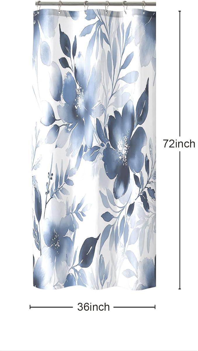 Floral Shower Curtain, Blue Watercolor Flower Shower Curtains for Bathroom, Modern Minimalist Waterproof Fabric Bath Decoration 36x72 Inch