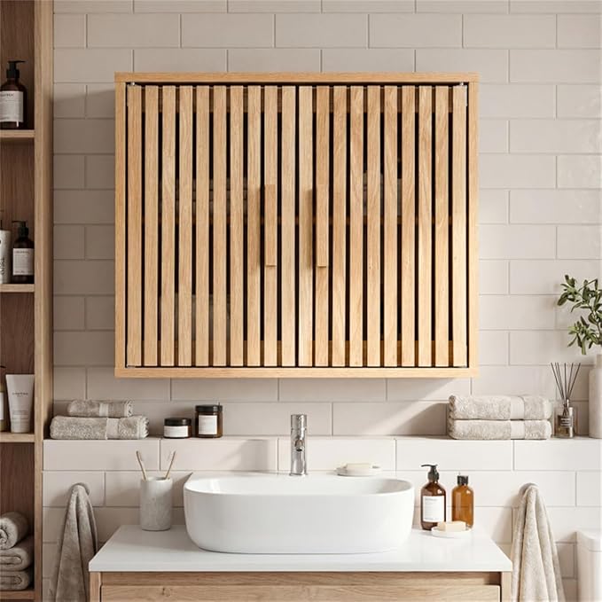 Bathroom Wall Storage Cabinet with Slatted Doors, Natural Engineered Wood, 24x8x20 Inch, Adjustable 3-Level Shelf, Magnetic Catches