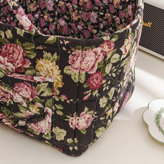 Quilted Fabric Storage Basket Boho Floral Laundry Hamper with Handle Foldable Floral Basket Organizer for Car Bedroom