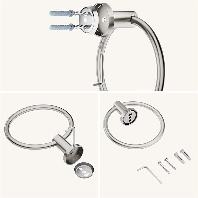 FORIOUS Towel Ring, SUS304 Stainless Steel Modern Hand Towel Holder Rack Hanger Round for Bathroom Wall Mounted, Ideal for Bath, Kitchen, RV, Brushed Nickel