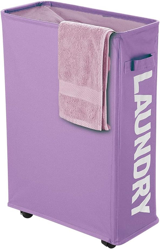 40L Laundry Hamper Collapsible Fabric for Hotel, Freestanding Flexible Laundry Sorter on Wheels - Slim Storage Bag, Decorative Laundry Baskets for Books, Sundries Storage (Purple)