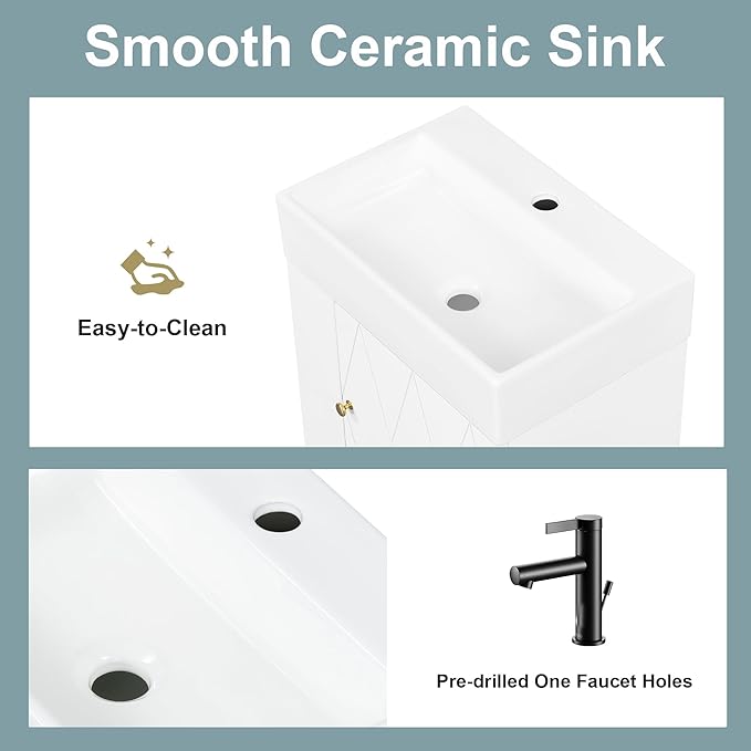 Virubi 20" Floating Bathroom Vanity with Sink, Soft Closing Door,and Storage Shelves, Solid Wood Frame & MDF Modern Single Small Bathroom Vanity Cabinet with Open Shelf,Wall Mounted (White)