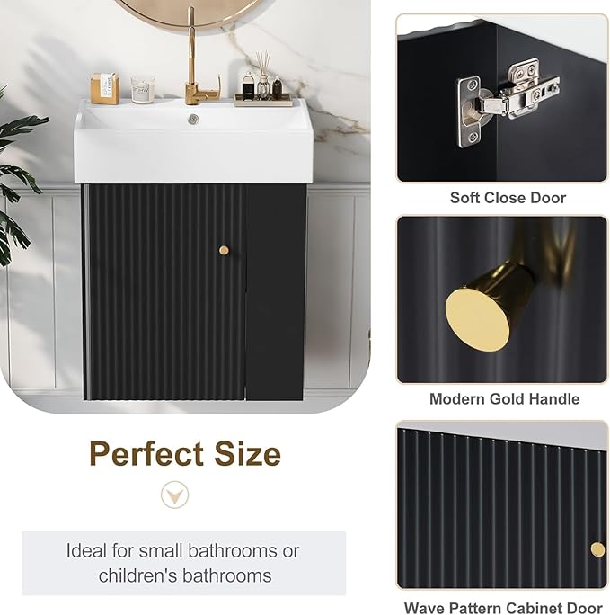 Virubi 21.6 in Floating Bathroom Vanity with Sink,Soft Closing Doors,Solid Wood Frame & MDF Modern Single Small Black Bathroom Vanity Cabinet with Open Shelf,Wall Mounted