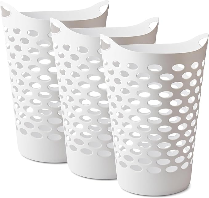 2 BUSHEL Flexible Laundry Basket,Tall plastic hamper for Clothes, Bedroom, and Storage - Portable Round Bin with Carry Handles 17.75" x 17.25" x 26", White (3)