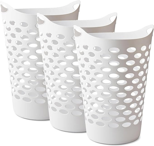 2.2 BUSHEL Flexible Laundry Basket,Tall plastic hamper for Clothes, Bedroom, and Storage - Portable Round Bin with Carry Handles 17.75" x 17.25" x 26", White,Black,3 pack (White)