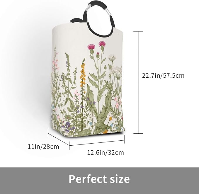 Vintage Floral Plants Laundry Basket Wild Flowers Herbs Foldable Collapsible Laundry Hamper with Handles Clothes Storage Bin 50L
