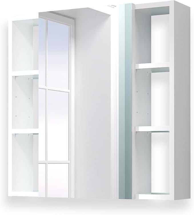 Bathroom Cabinet with Mirror, Wall Cabinet with 2 Mirrored Doors, Adjustable Shelf, Open Compartment, Wall-Mounted, 24x24 Inches, White (Assembly Required)