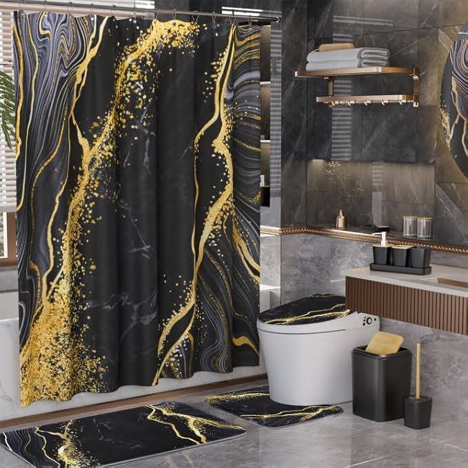 XLHOMO Bathroom Set Bathroom Sets with Shower Curtain and Rugs,Black Bathroom Accessories Set Waterproof Black and Gold Shower Curtain Set