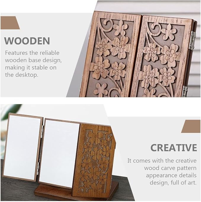 FOMIYES 1pc Wood Dressing Table Mirror Wooden Three Mirrors Indoor Desktop Make up Vanity Carved Standing Desk Makeup