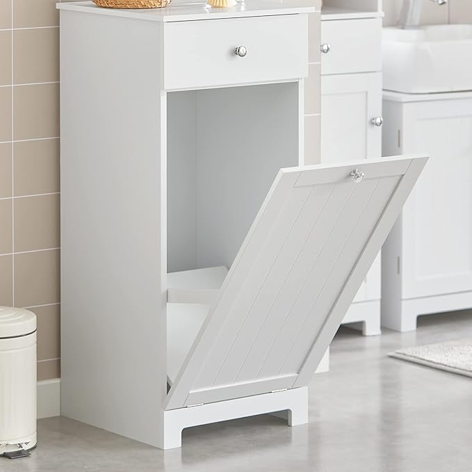 SoBuy Slim Tilt-Out Laundry Hamper Cabinet, Smal Pull-Out Bathroom Storage Unit with Shelf&Drawer, Narrow Hidden Basket Chest Bath Cupboard, White BZR21-W