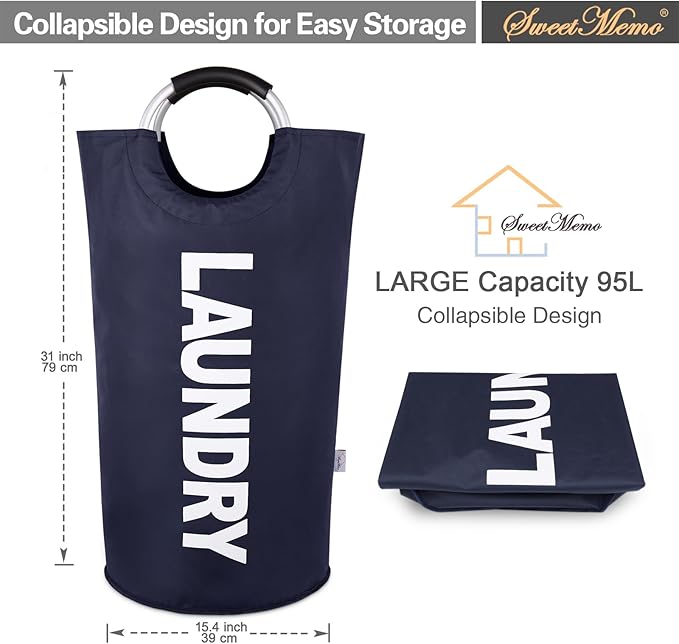 Large Laundry Basket Collapsible 95L, Tall Laundry Bag with Handles for Boys, Student, ?€? Fioldable Dirty Clothes Hampers for College Dorm???Laundry Room, Lightweight, Sturdy - Navy Blue