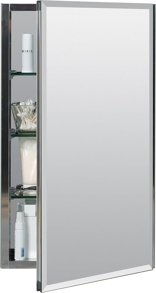 Zenna Home Bathroom Medicine Cabinet with Mirror, Frameless Bathroom Wall Cabinet with Rustproof Aluminum Body, 3 Adjustable Glass Shelves, Recessed or Surface Wall Mount Installation, 15 x 26 Inches