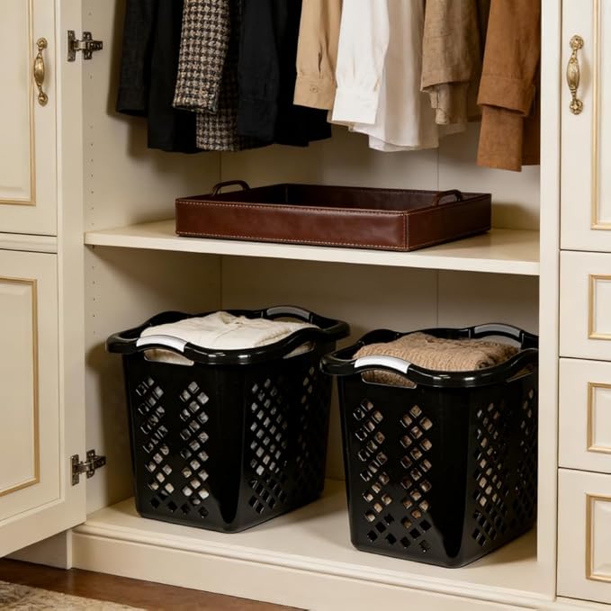 2 bushel laundry baskets with silver handles, black, 2-pack
