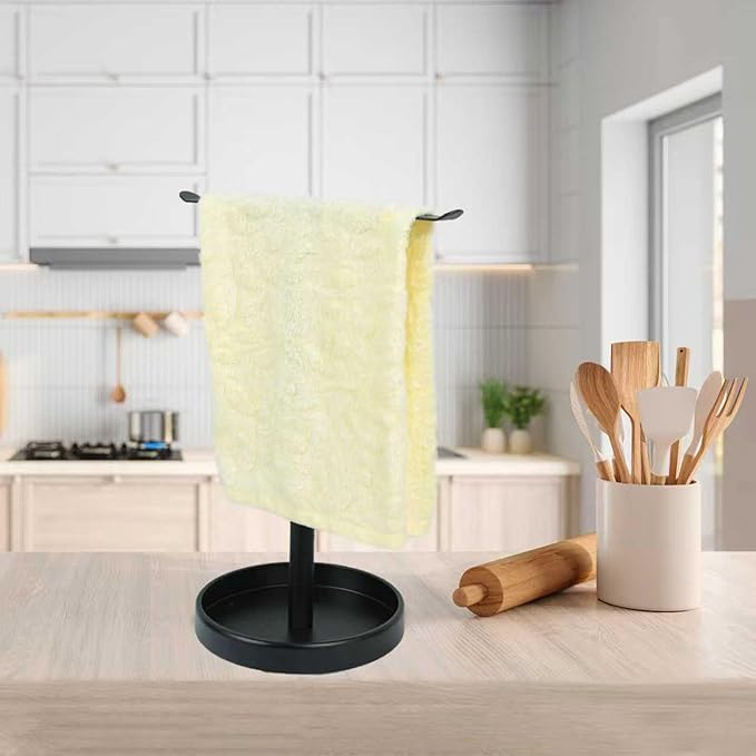 T-Shape Bath Hand Towel Holder Stand, Free Standing Hand Towel Rack with Storage Tray, for Bathroom Kitchen Countertop, Matte Black