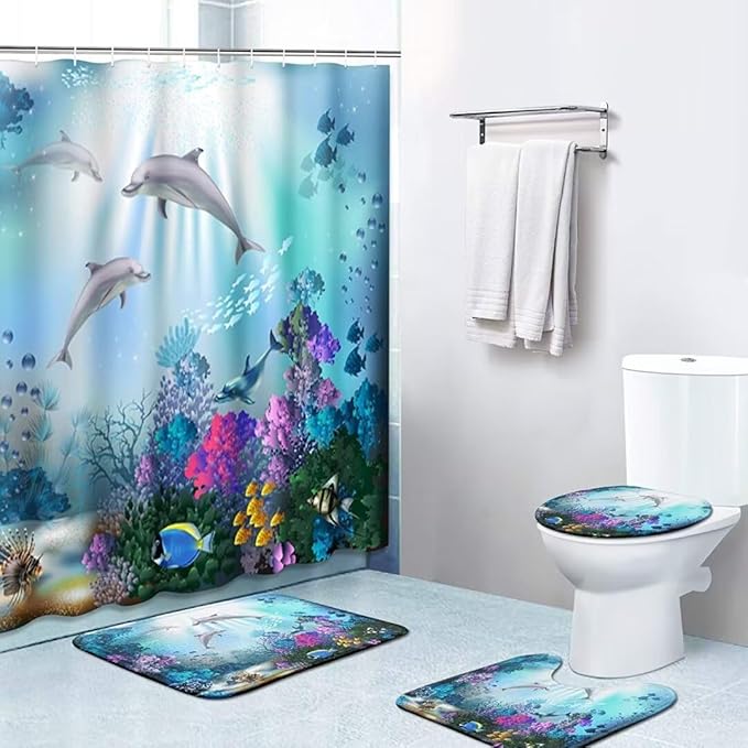 Yizheer 4Pcs Sea Dolphin Coral Bathroom Shower Curtain Set with 12 Hooks Bath Mat Toilet Cover U Shaped Mat- PEVA Material, 72x72 Inches, Bathroom Decor Curtain Liner for Bathtub (Blue)