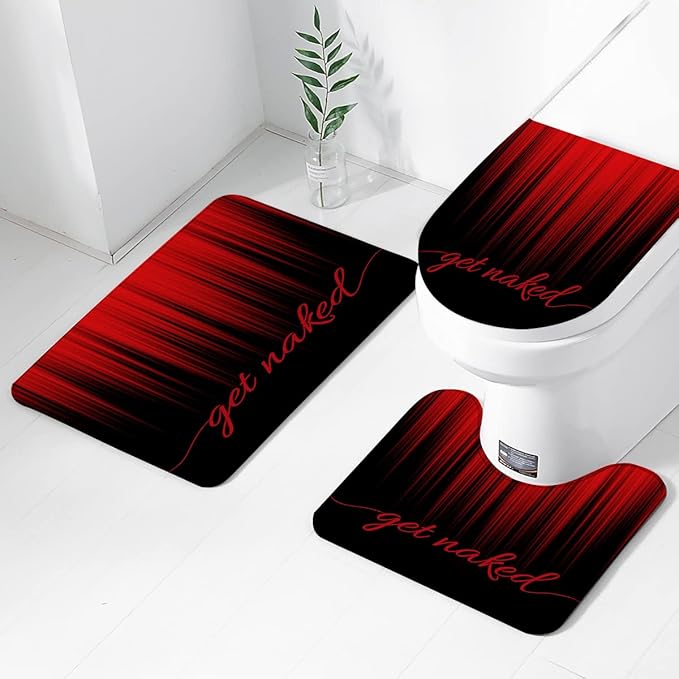AAtter 4 Piece Red and Black Shower Curtain Set Get Naked Funny Adults Gothic Mens 60Wx72L Curtains Decor with Non-Slip Rugs, Toilet Lid Cover and Bath Mat Bathroom Accessorie Home Bathtub Set, Ombre