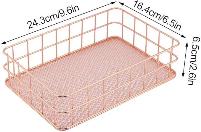 Fdit Makeup Storage Basket Organizer Rose Gold Iron Storage Holder Desktop Decor Household Woman Girl Lady(D)