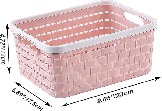 Plastic Storage Bin Baskets, Toilet Paper Basket for Bathroom, Plastic Organizer Shower Caddy with Handles for Living Room (Small Pink 2 pack)