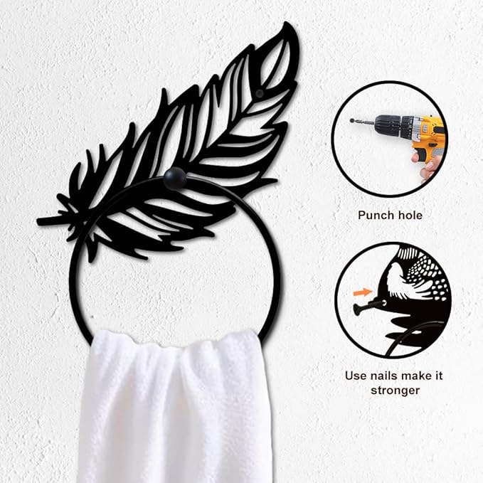 MAYJOYDIY Feather Metal Towel Ring Large Fantasy Feather Towel Holder for Wall Animal Feather Wall Decor Towel Hanger Black Art Towel Rack Wall Mounted for Bathroom Kitchen Home Decors Gift