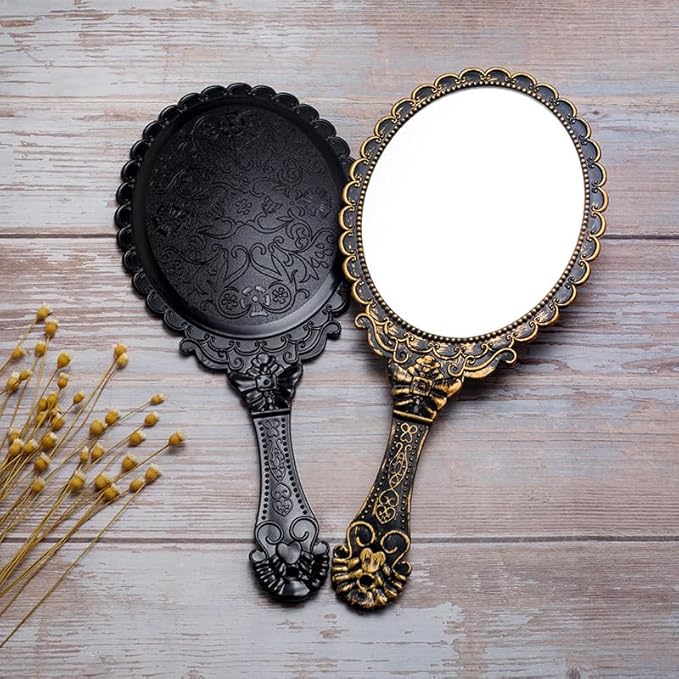 AKOAK Vintage Handheld Makeup Mirror, Exquisite Embossed Decorative Handle Makeup Mirror Portable Travel Mirror for Girls and Ladies (Oval, Bronze)